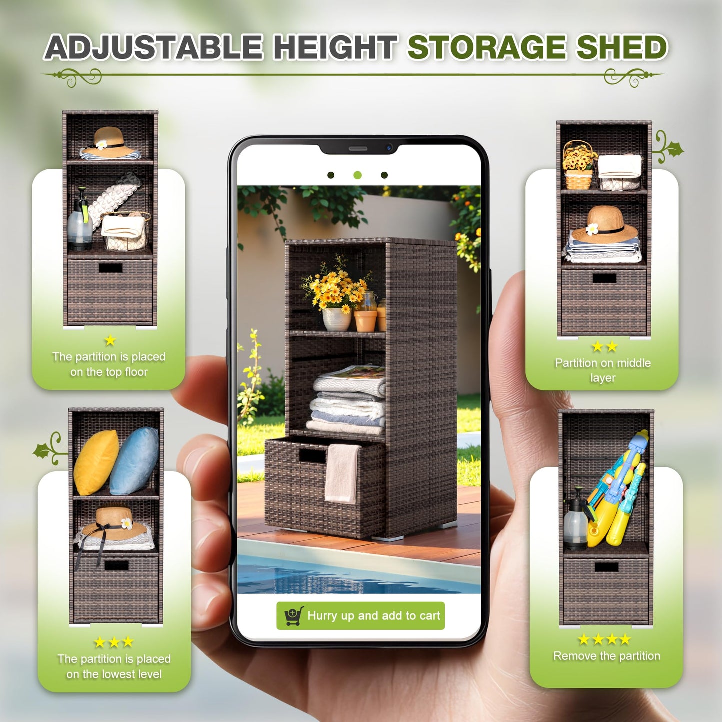 Greesum Rattan Storage Shed, Outdoor Towel Rack with 2 Storage Shelves & 1 Bottom Drawer, Suitable for Pool Patio Garden Deck, Brown