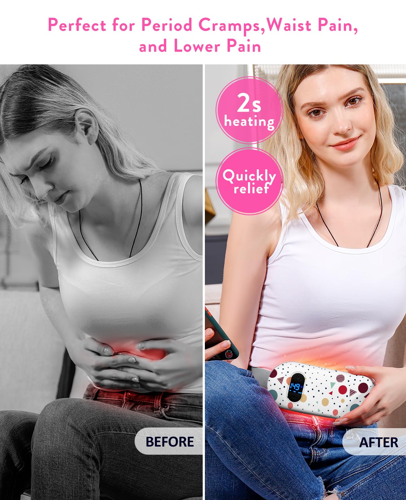 Portable Heating Pad for Period Cramps: Menstrual Heating Pad with Unique Design, Fast Heating Pad with 6 Heat Levels and 6 Massage Modes, Gifts for Her, Women, Teens and Girls