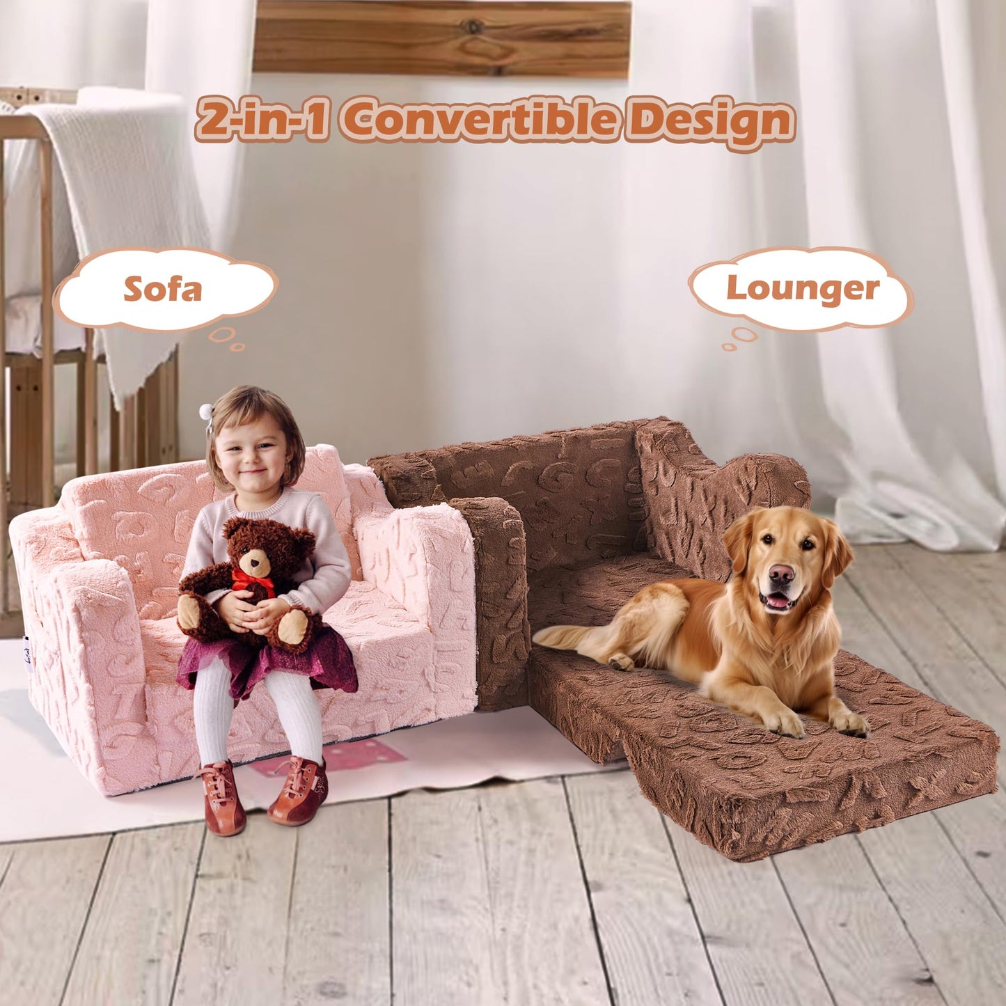 KokoSelene Kids Couch, 2-in-1 Convertible Kids Chair to Lounger Bed, Kids Sofa for Toddler Boys Girls, Ideal for Reading Sleeping Gaming Decor (Pink)