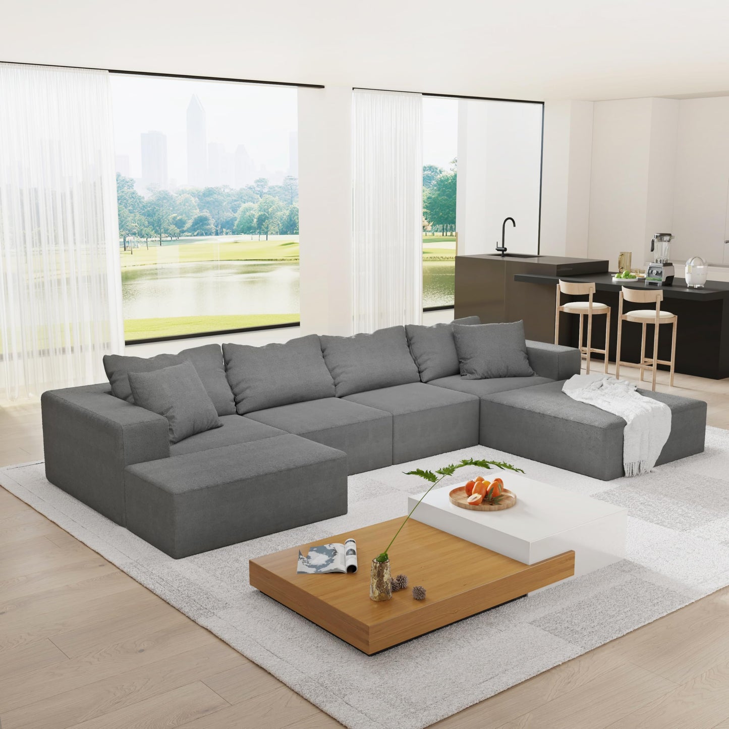 Oversized Boneless Modular Sectional Sofa Cloud Couch for Living Room - Convertible 6 Seater Chenille Couches Set with Ottoman, No Assembly Floor Compression Sofa with Memory Foam