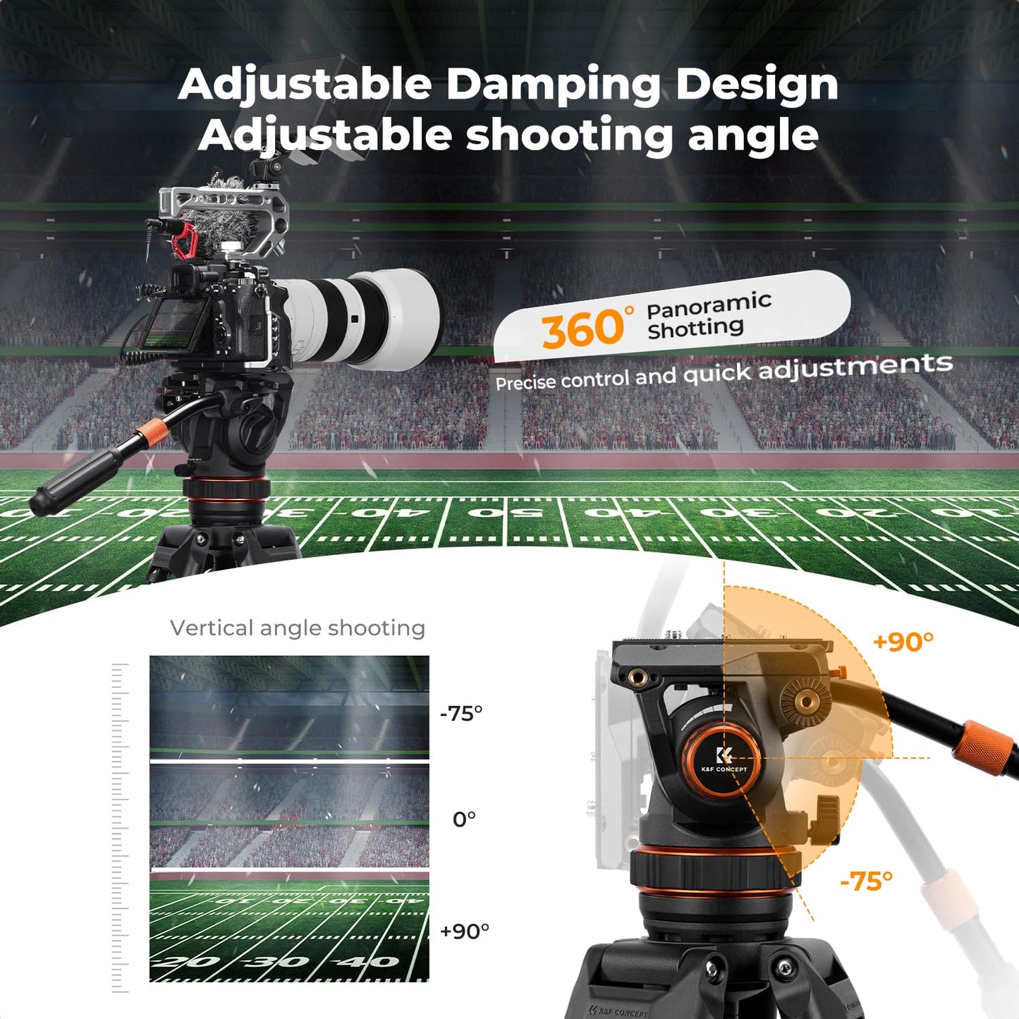 K&F CONCEPT 75" Video Tripod, Heavy Duty Camera Tripod Stand with Fluid Head Damping Adjustable, Load up to 22lb, QR Plate Compatible with Canon Nikon Sony and Other DSLR Camcorder