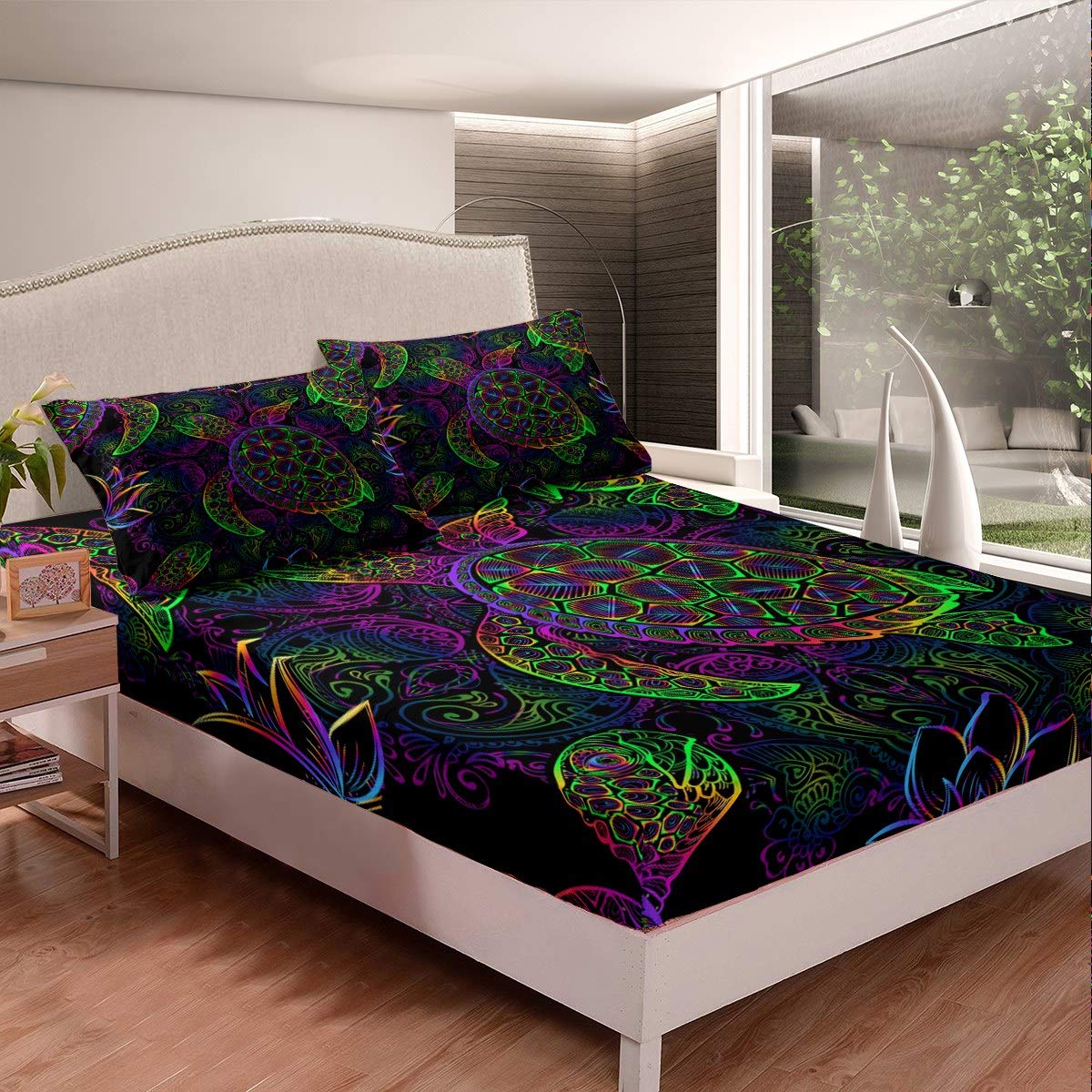 Feelyou Sea Turtle Fitted Sheet Ocean Creature Bed Sheet Set Sea Animal Bedding Boho Mandala Sheet Set Twin Size Includes 1 Sheets & 1 Pillowcase (No Flat Sheet)