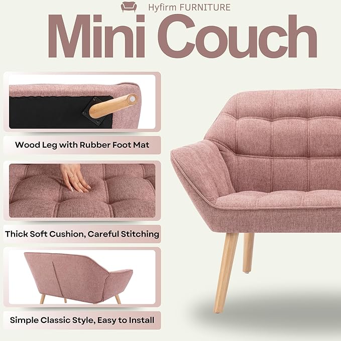 Hyfirm Small Loveseat Sofa, 48 inch Love Seat for Living Room Comfy Chenille Mini Couch with Wood Legs for Small Spaces Bedroom Apartment Office, Pink