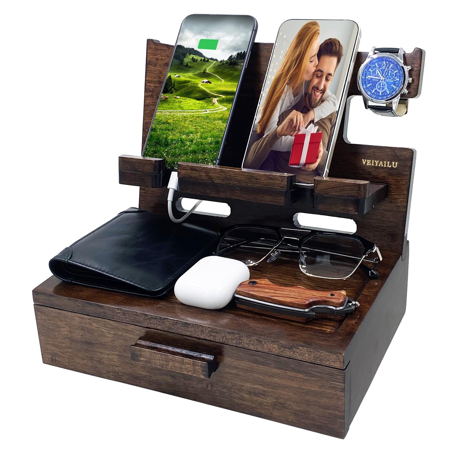 VEIYAILU Gifts for Men Women Husband Son Boyfriend Him Nightstand Organizer Wood Phone Docking Station Birthday Gifts (Walnut)