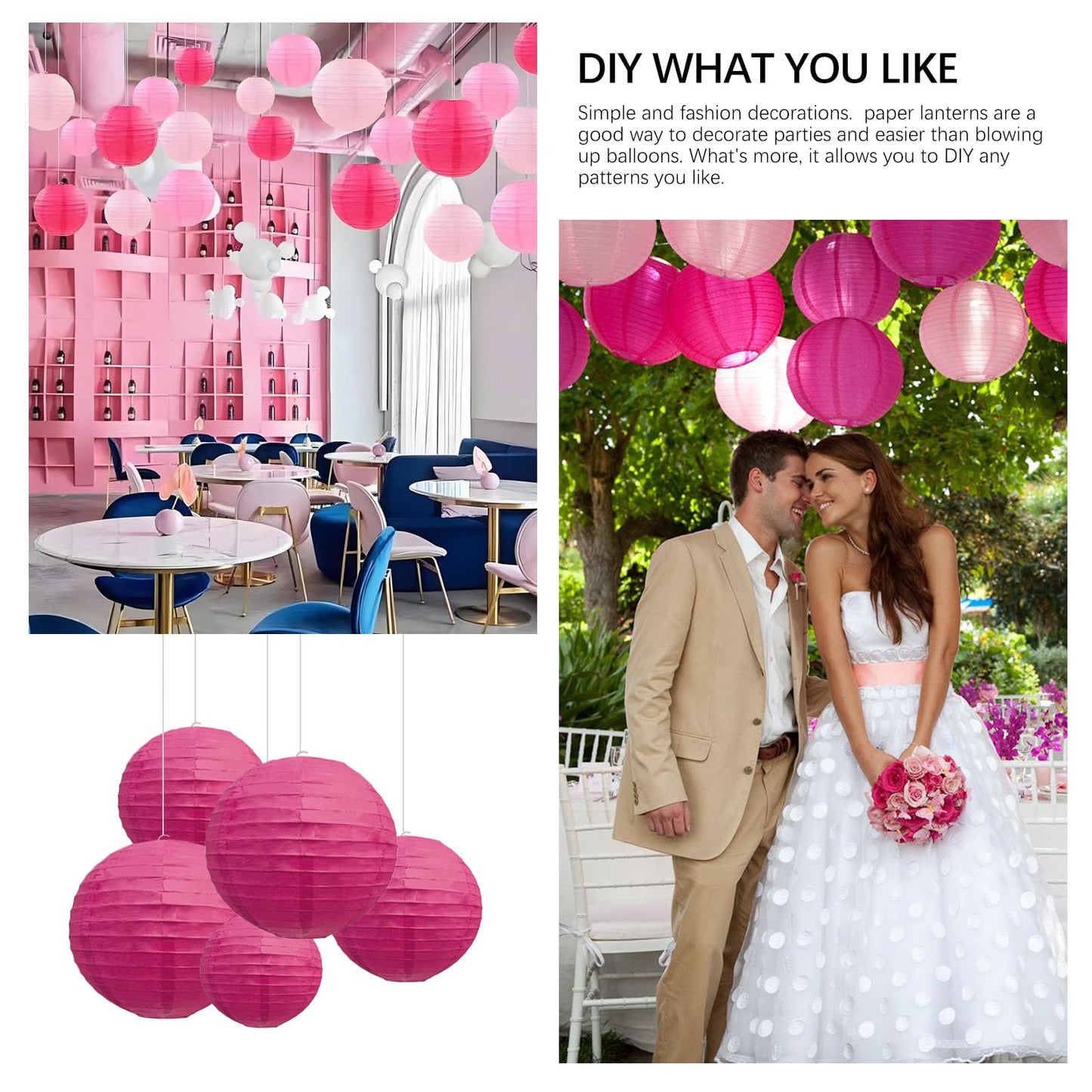 20Pcs Fuchsia Paper Lanterns for Parties, 6” 8” 10” 12” Chinese Asian Hanging Round Paper Lanterns for Birthday Wedding Halloween Christmas Home Decor Party Decor