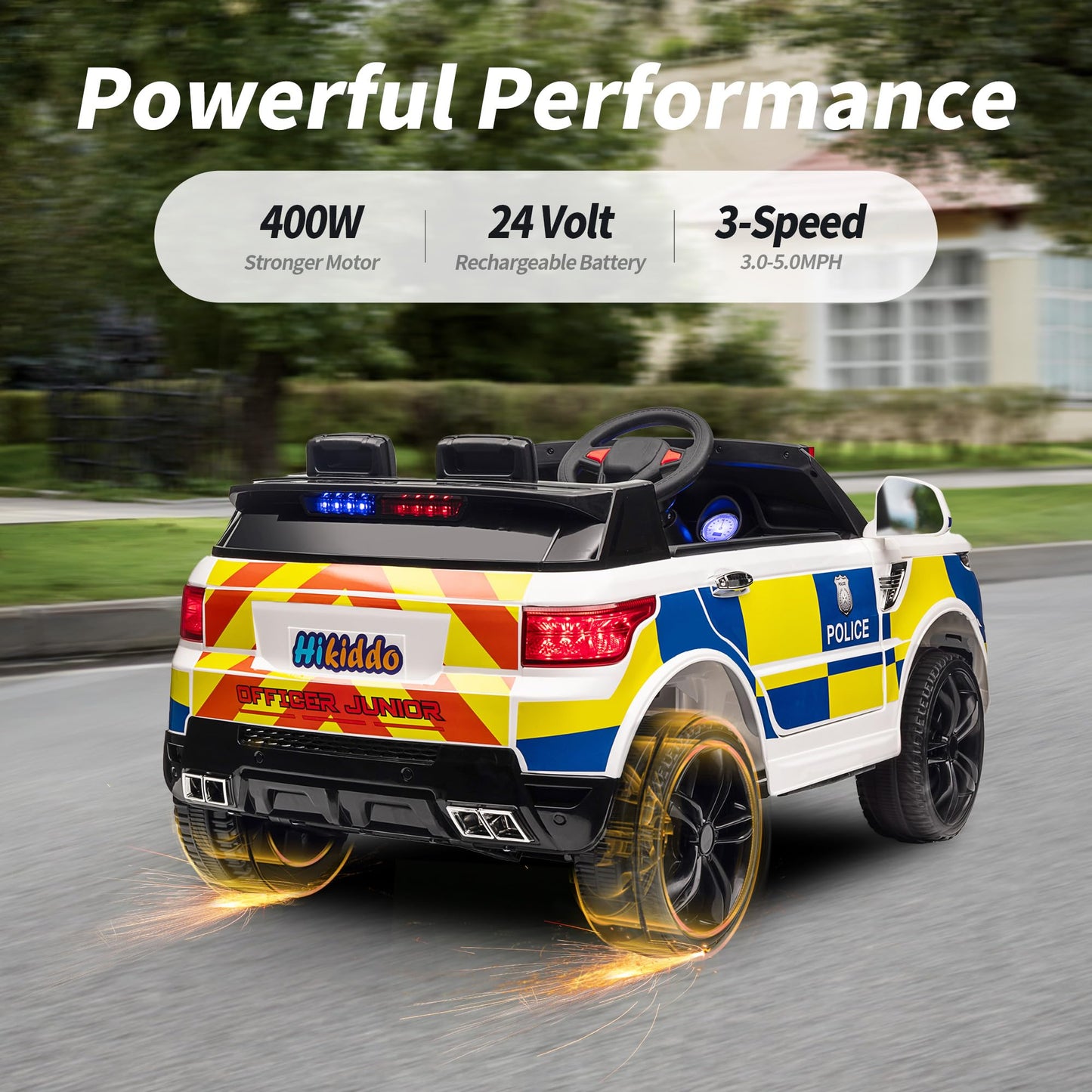Hikiddo Electric Police Car for Kids, 24V Kids Ride-on Toy Car w/Remote Control, 400W Motor - White