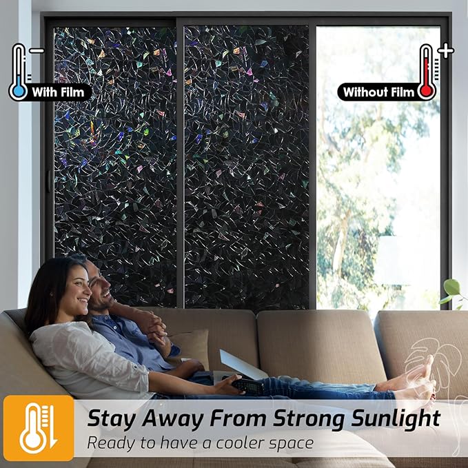 LUTE Black Out Window Film, Sun Light Blocking Window Film for Room Darkening Day Sleep, 100% UV Blocker Stained Glass Blackout Cover, Rainbow Black Out Shades Tint for Home 17.5" x 78.7"