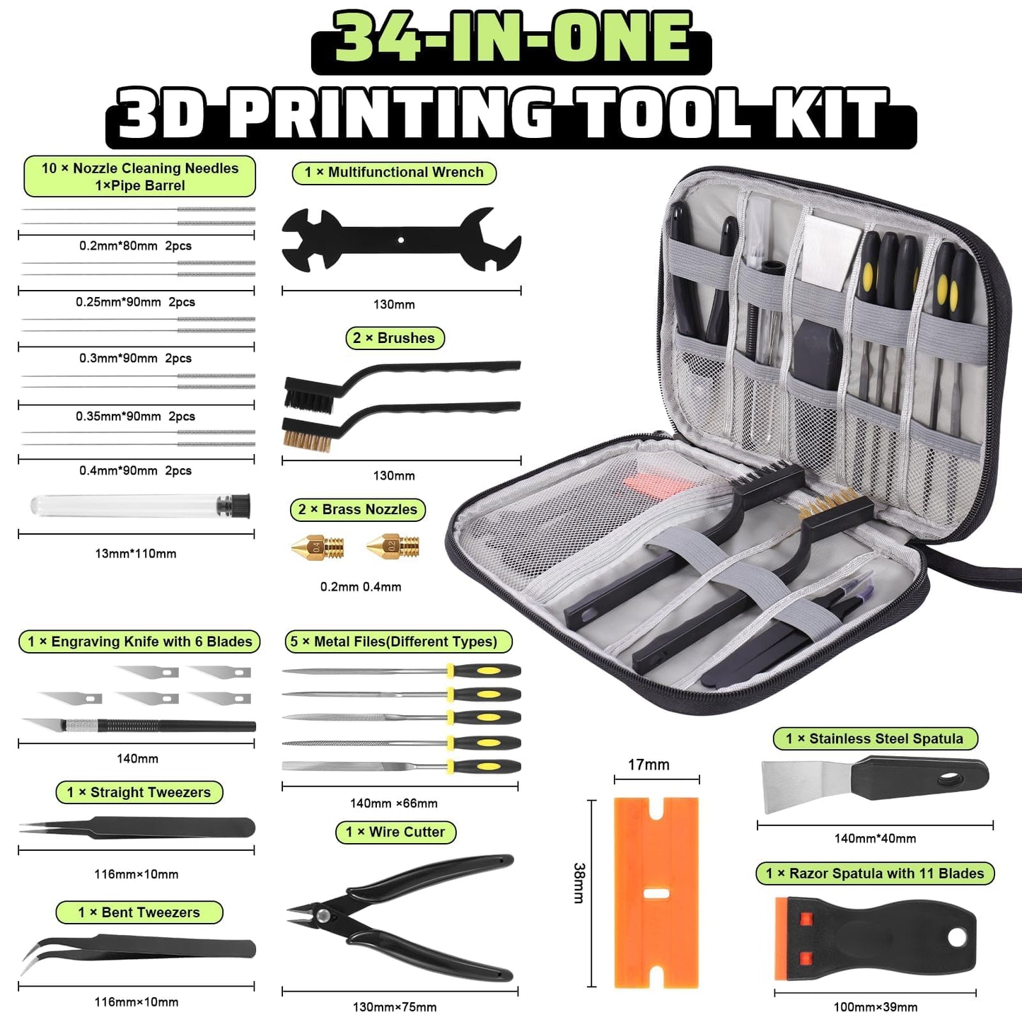 3D Printer Tools Kit, 34pcs 3D Printer Accessories for All FDM/SLA Printers Includes Nozzle Cleaning Tools, Removal Scrapers, Finishing Tools, 5 Types of Files,Brushes, Wire Cutter, Engraving Knife