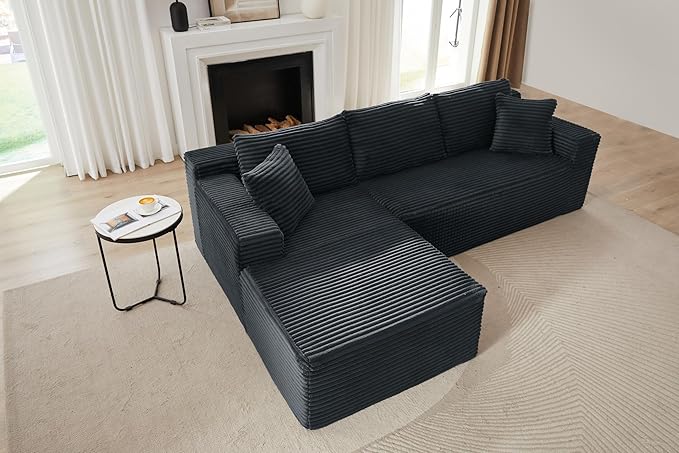 Vanress Cloud Couch Sectional, Corduroy Boneless Couch with L-Shape Chaise, Modern Modular Sectional Sofa Comfy Deep Seat for Living Room, Bedroom, No Assembly (Dark Grey, Left Facing Chaise)