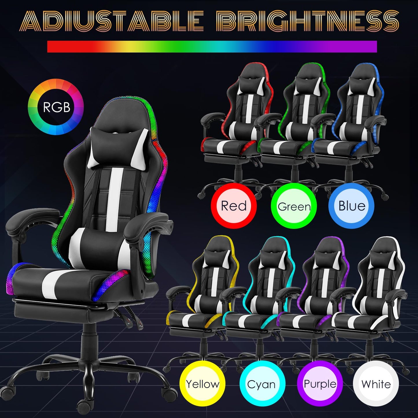 ECOTOUGE Massage Gaming Chair, Video Game Chair with LED Lights, Ergonomic Computer Chair with Footrest and Lumbar Support, Height Adjustable High Back Office Desk Chair, White