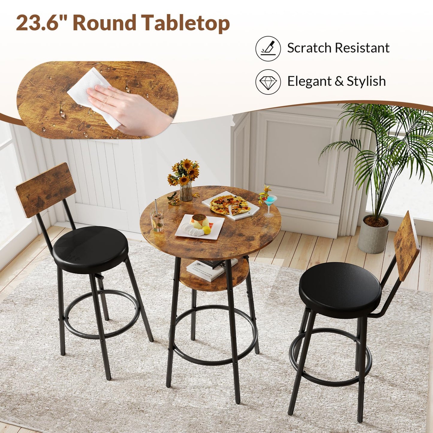 Zevemomo 3 Pieces Round Bar Table Set, Small Dining Table for 2, Modern Kitchen Bar Table, Breakfast Table with Storage, 2 Thickened Cushion Stools with Backrest for Dining Room, Bistro-Brown