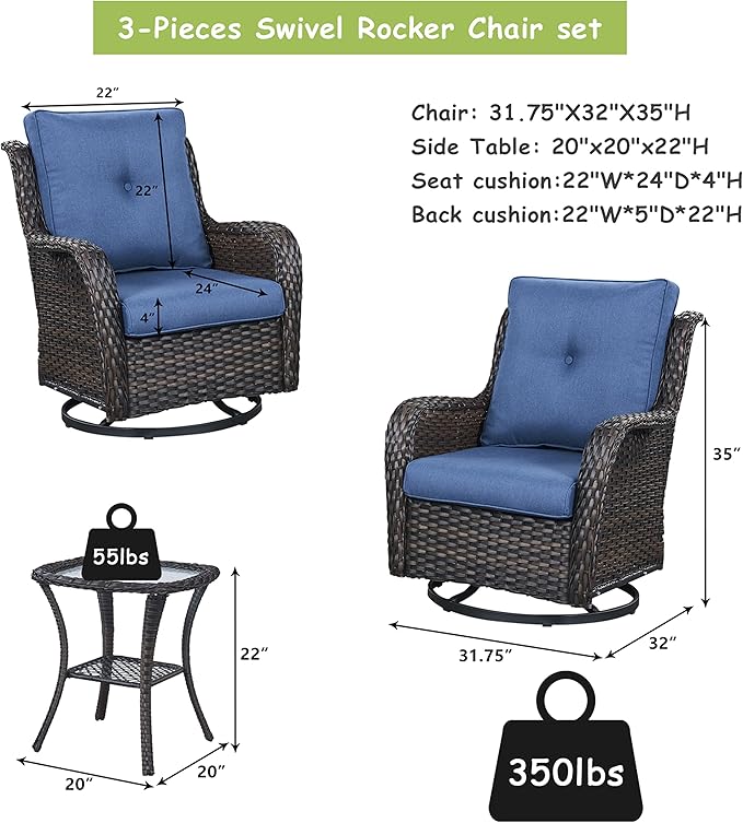 Rilyson Wicker Rocking Chair Swivel Chairs – 6 Piece Rocker Patio Furniture Set Rattan Rocking Bistro Sets with Glass Top Side Table for Outdoor Porch Deck Garden Backyard(Brown/Blue)