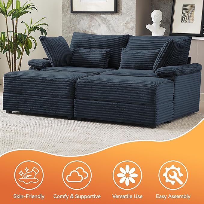 75" Corduroy Loveseat with Storage Ottoman, Cloud Deep Seat Couch with Convertible Ottoman Coffee Table & USB, Double Chaise Lounge for Living Room, Blue