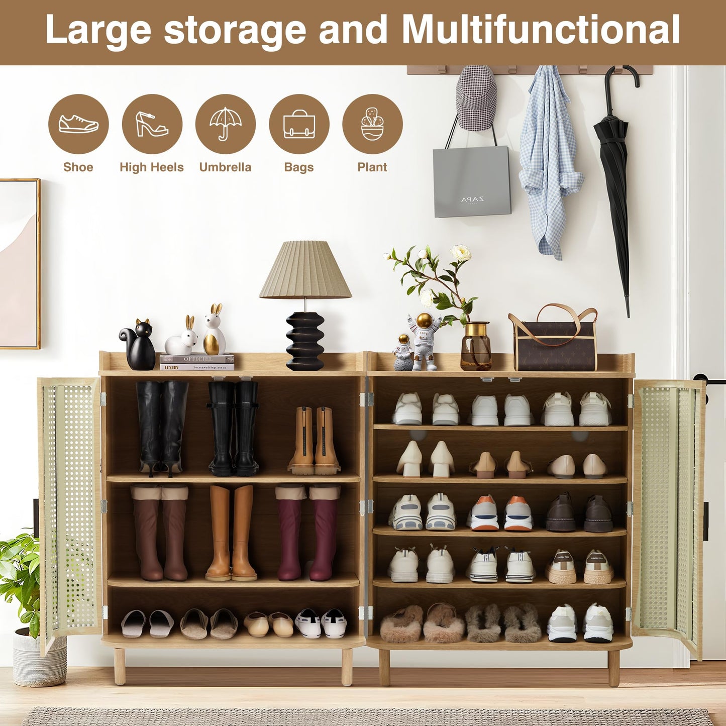 ORRD Shoe Cabinet, 5 Tier Boho Wooden Shoe Storage Organizer Cabinet with Adjustable Shelves, Shoes Rack with Iron Rattan Curved Doors Accent Cabinet for Entryway Hallway Living Room, Natural