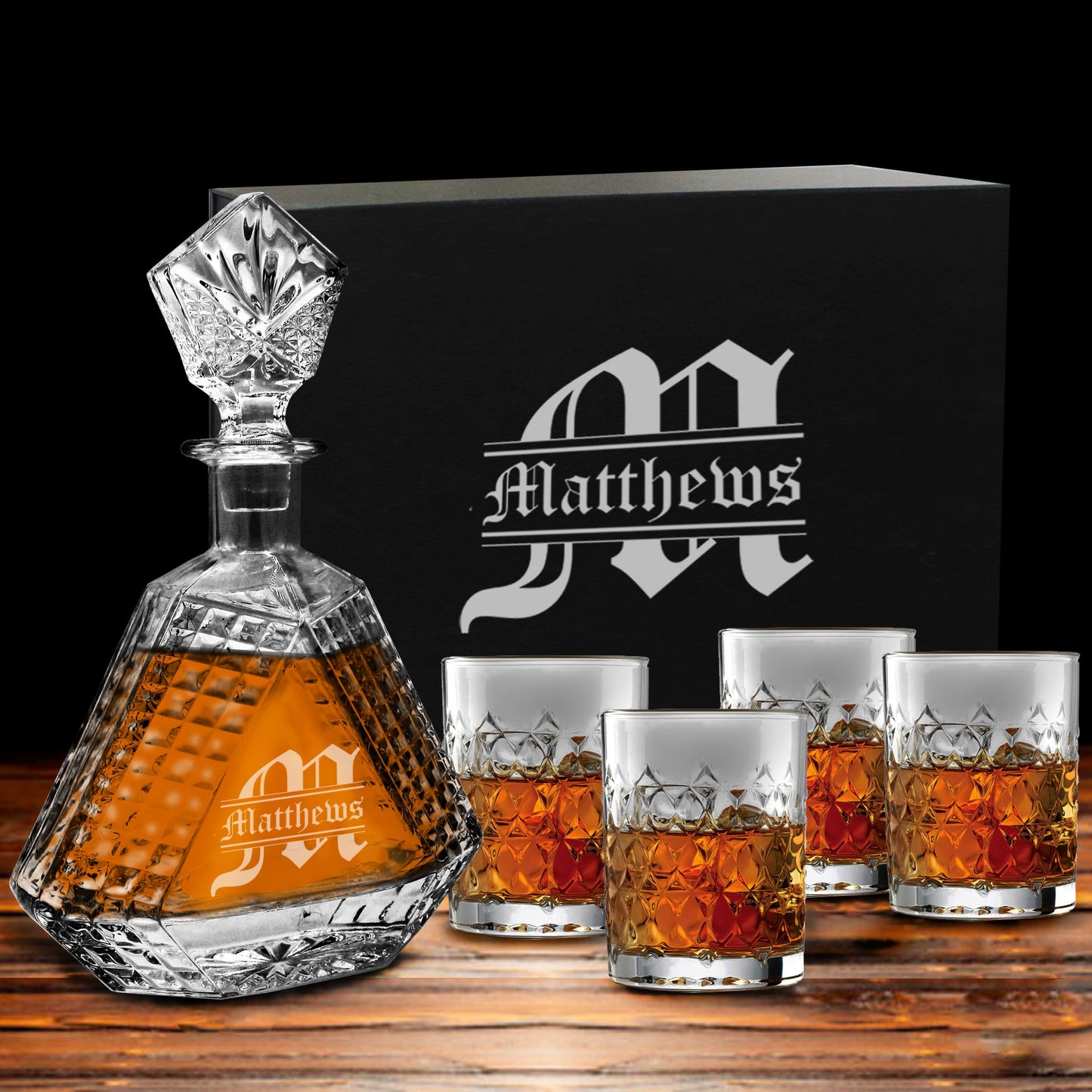 My Personal Memories, Personalized Scotch Whiskey Bourbon Glass 23 oz Decanter - Custom Engraved - Triangle Shape (Decanter and 4 Glasses)