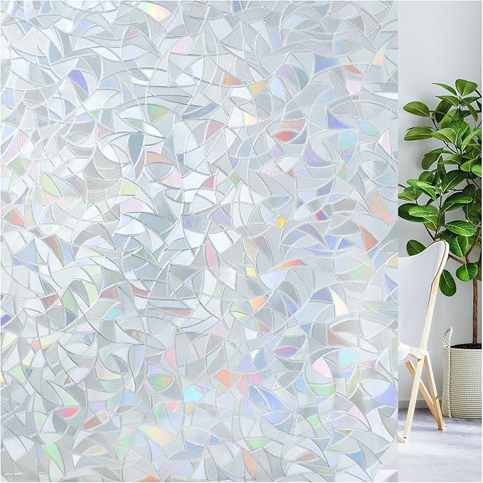 LUTE Window Privacy Film, Rainbow Window Flim, 3D Decorative Stained Glass Cling, Non-Adhesive Vinyl Static Cling UV Blocking Heat Control One Way Glass Covering for Home, Silver, 17.5 x 78.7 inches