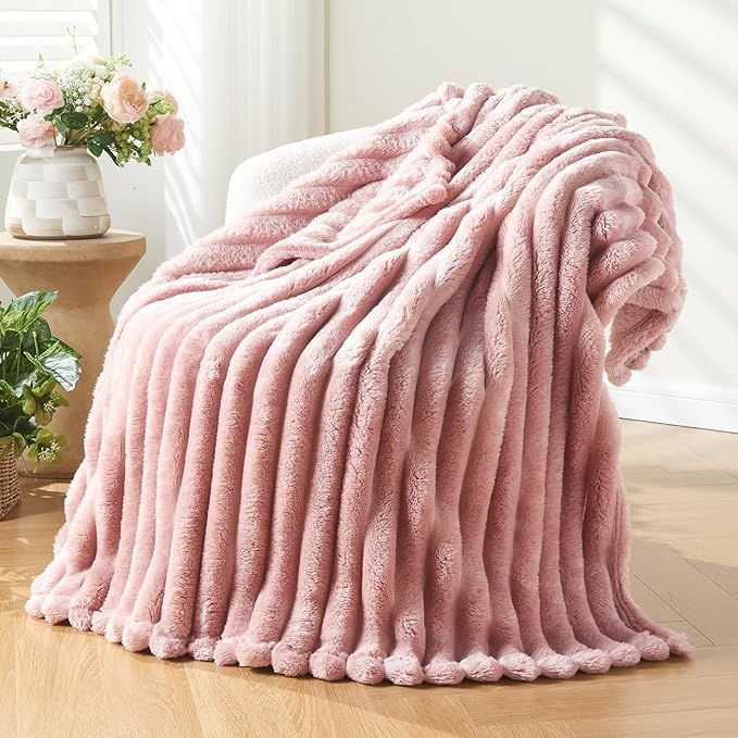 NEWCOSPLAY Super Soft Throw Blanket Pink Premium Silky Flannel Fleece 3D Ribbed Jacquard Lightweight Bed Blanket All Seaso...
