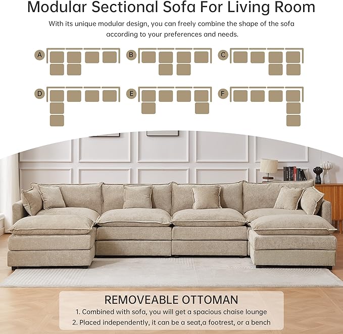saows Modular Sectional Sofa, 147.2 Inch U Shaped Couch Set with Armrests, 4-Seater Comfy Cloud Couches with Movable Ottoman for Living Room Apartment, Coffee