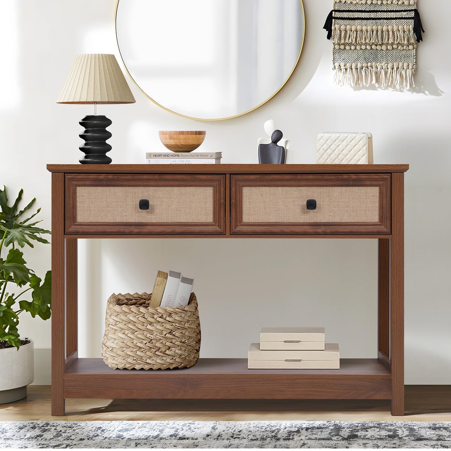 Boho Console Table with Burlap Rattan Drawers, 2 Tier Modern Narrow Entryway Table Foyer Table with Open Storage Shelves, Hallway Accent Table Behind Couch Table for Living Room, Walnut