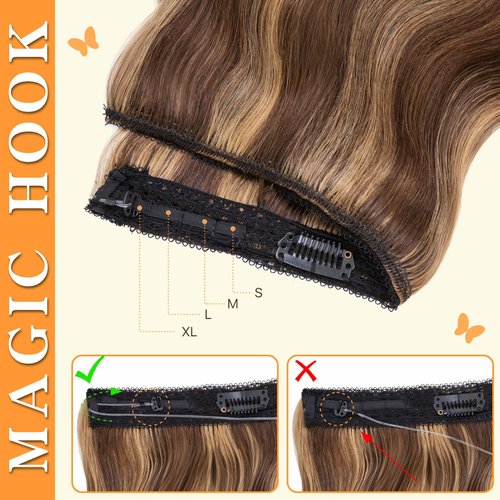 TESSHAIR Halo Hair Extensions 14 Inch, 100% Real Human Hair, No Tangle & Smooth, Invisible Wire Extensions for Women, 60g, Wavy Curly #Wavy Medium Brown Mixed Dark Blonde