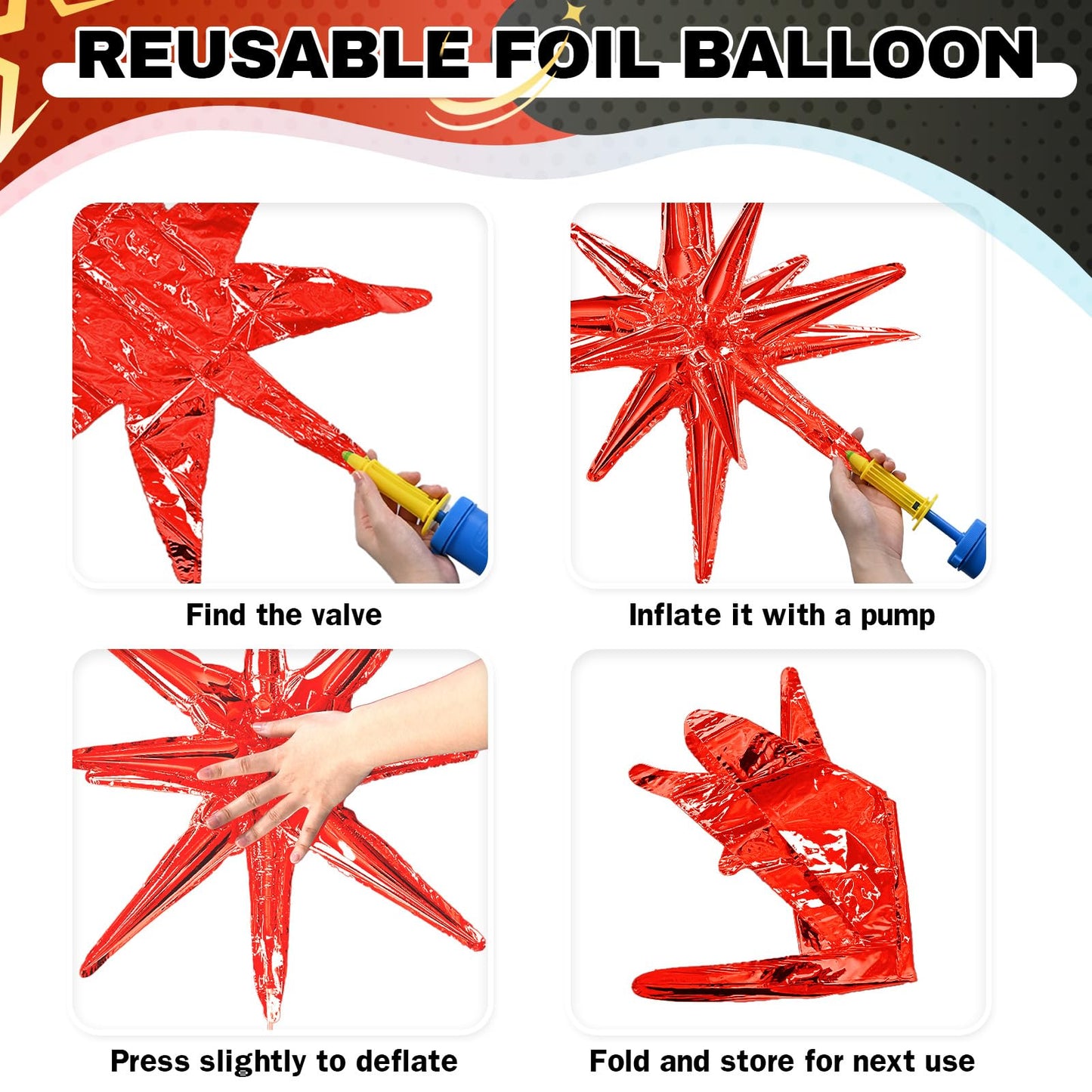 HILAVO 6PCS Black Red Star Balloons, 22Inch Large Star Balloon Foil Balloons Spike Cone Balloon for Birthday Anniversary New Year Halloween Vampire Casino Party Decorations