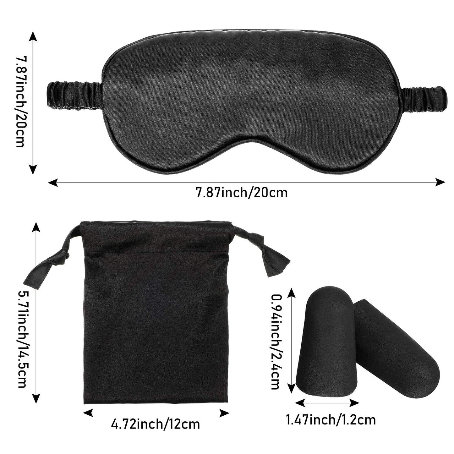 Silk Satin Sleeping Mask Eye Mask Set Include 2 Blindfold Eyeshade Elastic Strap Double Layer Silk Filling Eye Cover 2 Ear Plugs 2 Storage Bags for Women and Men Sleep Travel Nap (Black, Pink)