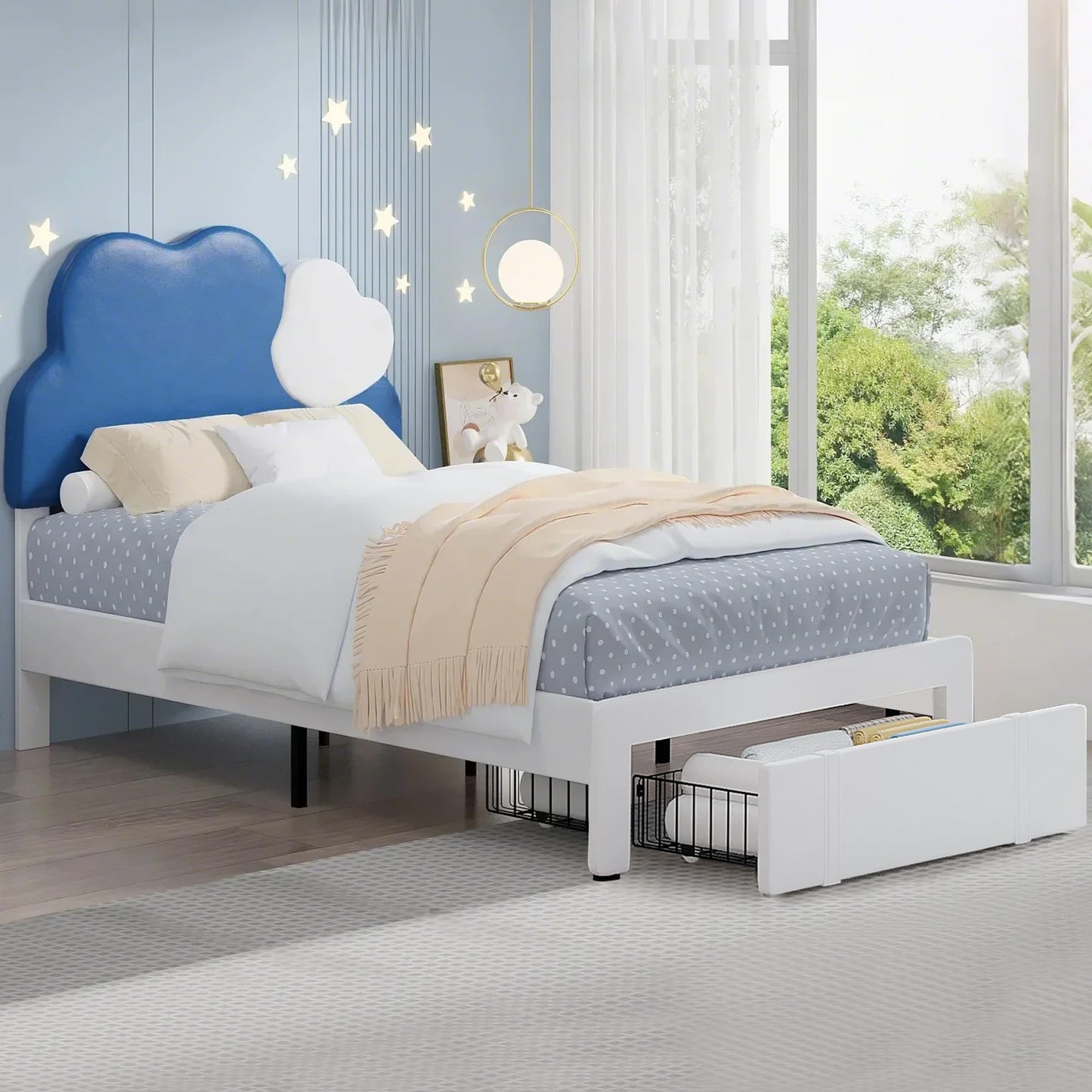 VECELO Twin Upholstered Bed Frame for Kids, Platform Bed Frames with Cloud-Shaped Headboard, Large Storage Drawer, Wooden Slats Support, Noise-Free, Blue