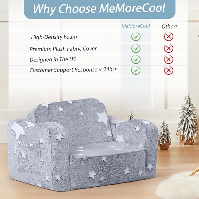 MeMoreCool Kids Glow Star Sofa Chair – 2-in-1 Foldable Toddler Lounger, Gray | Convertible Couch for Playroom or Nursery | Soft Foam Seat | Removable & Washable Cover | Glows in The Dark