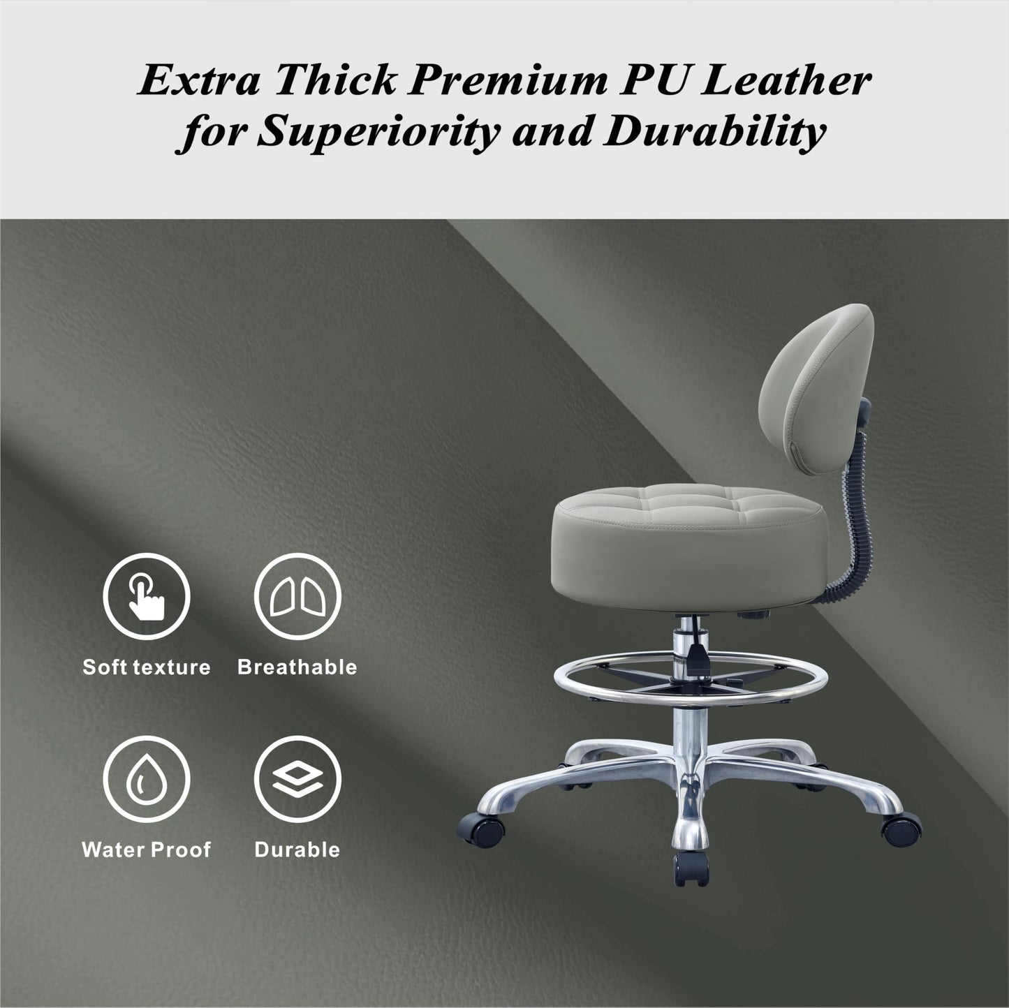 Height Adjustable Rolling Shop Stool with Back Support - Kitchen Stool with Wheels Heavy Duty for Salon, Spa, Massage, Tattoo, Esthetician - Extra Thick for Extreme Comfort