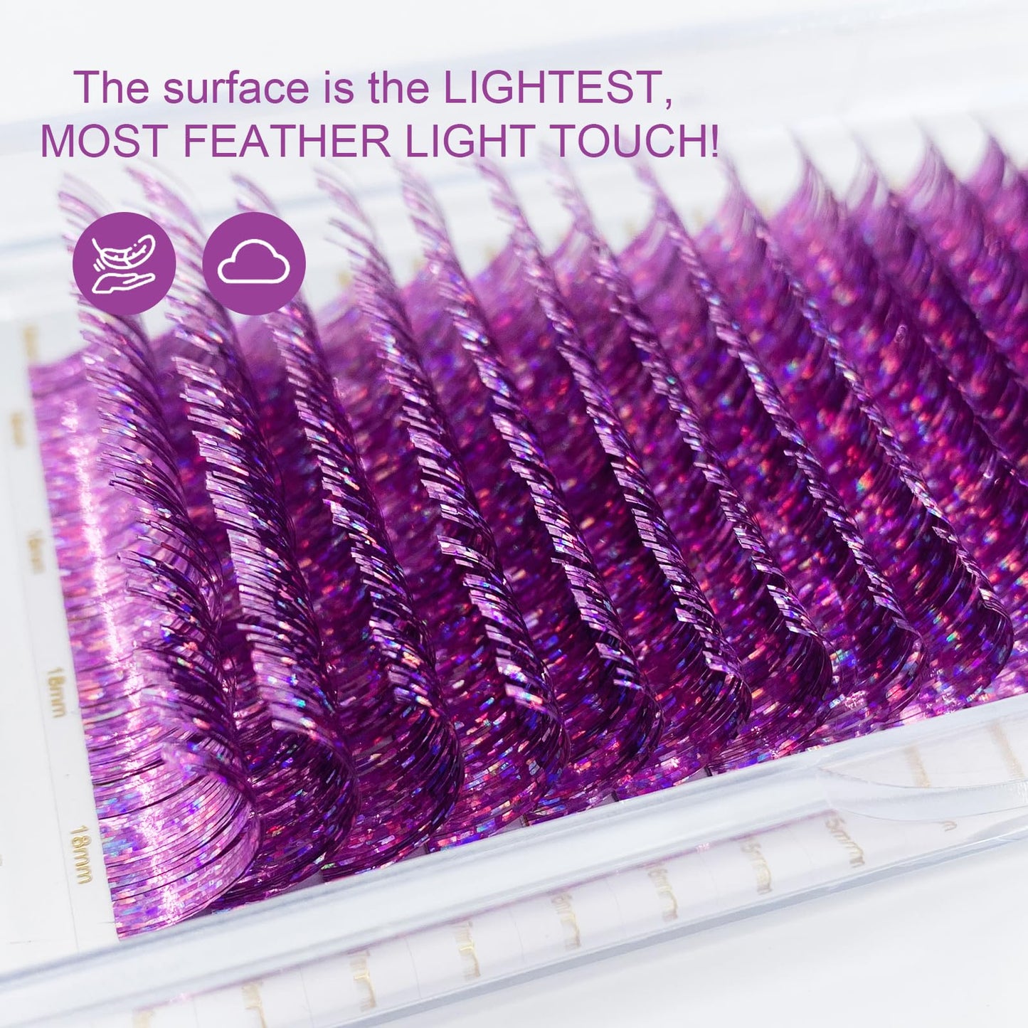 HAICHER Holographic Lash Tinsel, Colored Lash Extensions CC Curl 9-18mm Mixed Lash Trays (Purple, Volume)