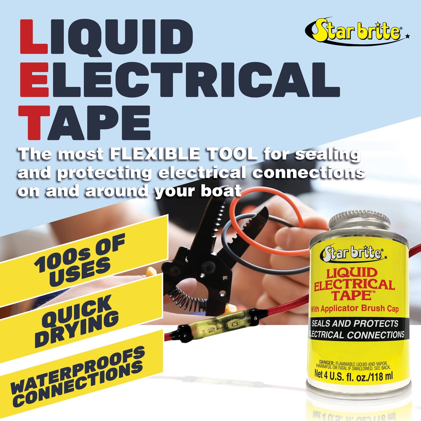 STAR BRITE Liquid Electrical Tape with Applicator Brush Cap - Superior Adhesion & Flexible Protection for Frayed Cables, Terminals & Electric Splices - Clear 4 fl oz. (084108B)
