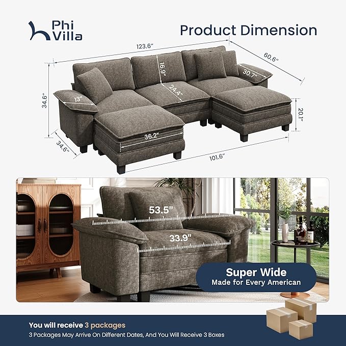 PHI VILLA Cloud Modular Couch Sets, 123.6" Sectional Sofa with U-Shaped Chaise, 5-Seater Couches with 2 Movable Ottomans for Living Room, Chenille Fabric, Smoky Grey