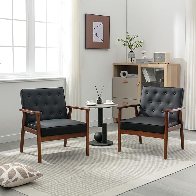STHOUYN Mid Century Modern Chair, PU Leather Accent Chair Set of 2 with Wood Arms, Living Room Chairs, Reading Armchair for Bedroom, Waiting Room, Office (2, Black 1)