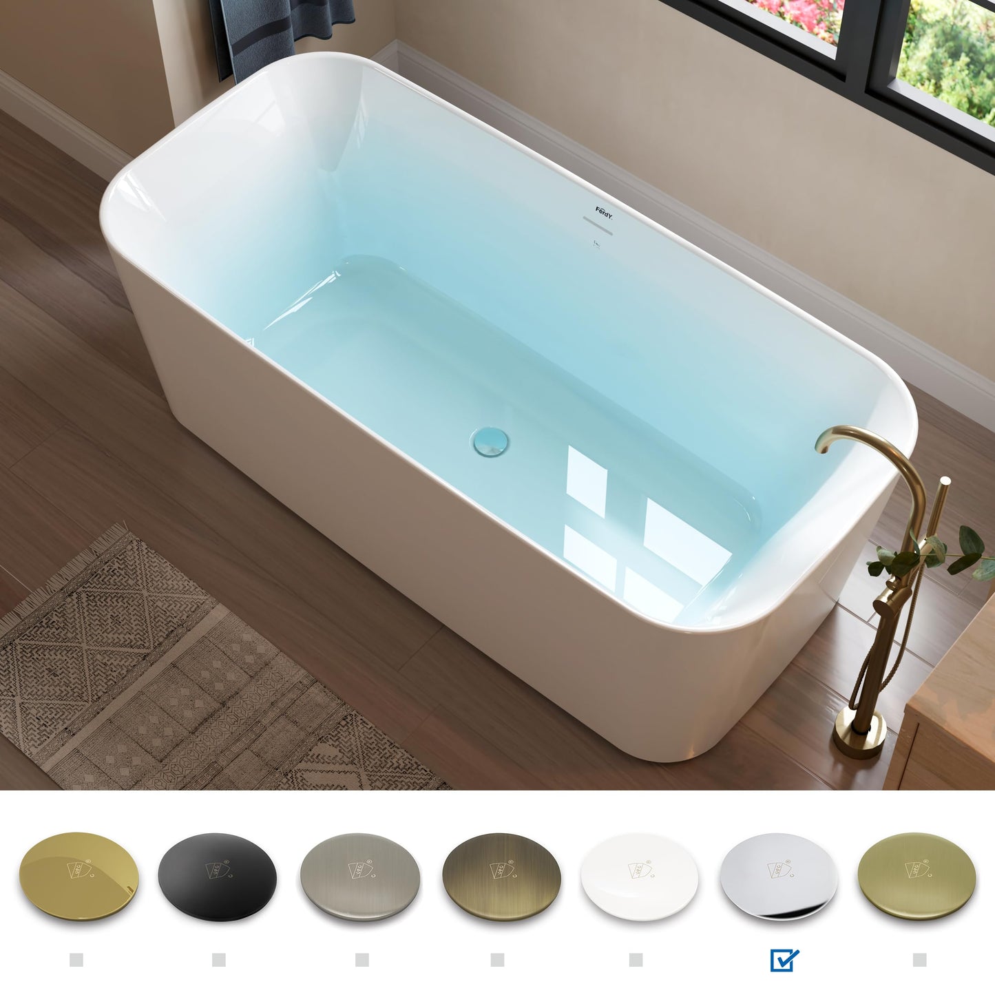 FerdY Maui 67" Freestanding Bathtub Elegant Freestanding Soaking Bathtub, Glossy White, cUPC Certified, Toe-Tap Chrome Drain & Overflow Assembly Included