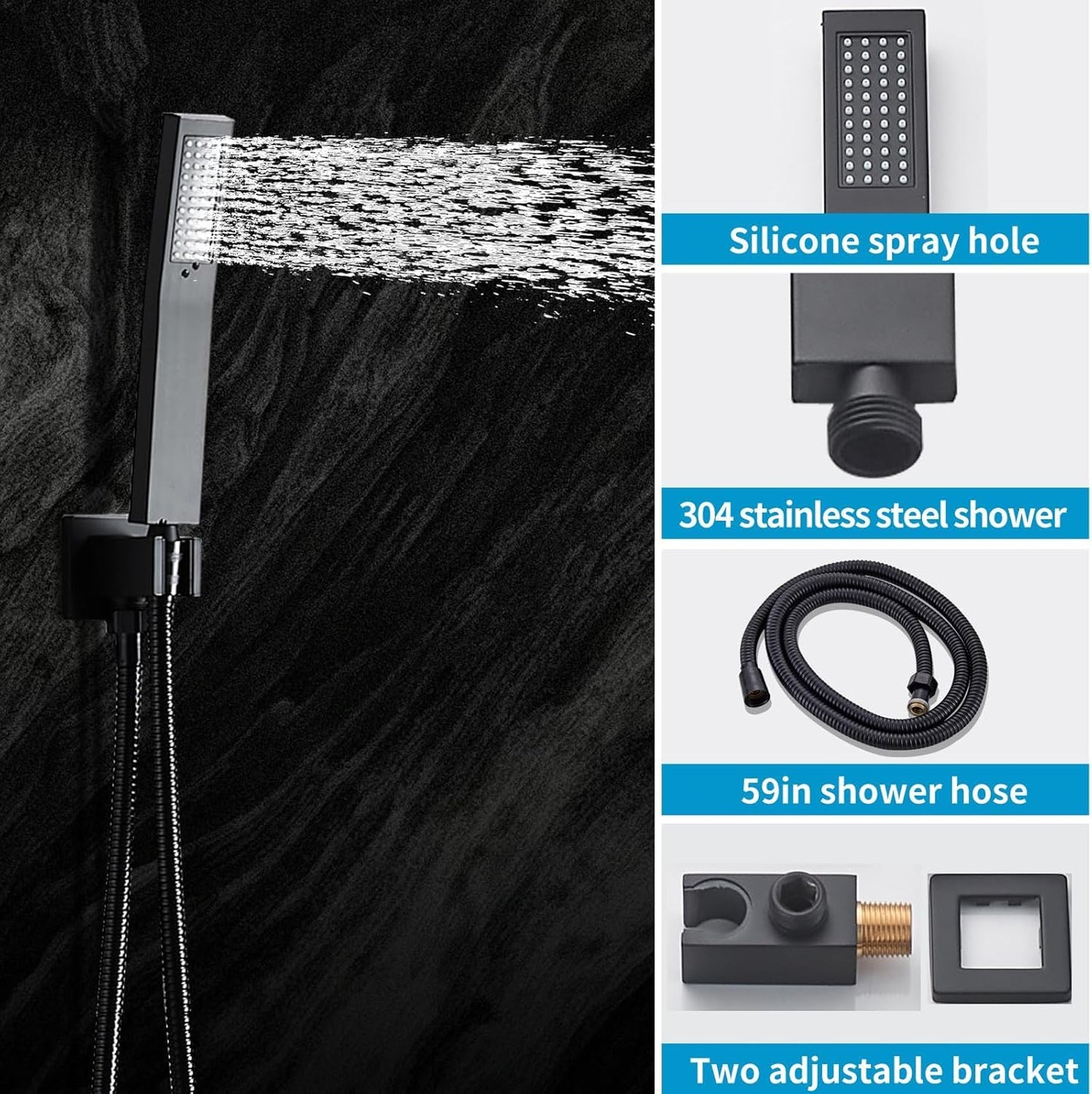 RTTWYYUU Matte Black Shower Faucet 12 Inch Set with Tub Spout, Shower Head and Handle with 2 Hooks Rain System Square Wall Mount for Bathroom