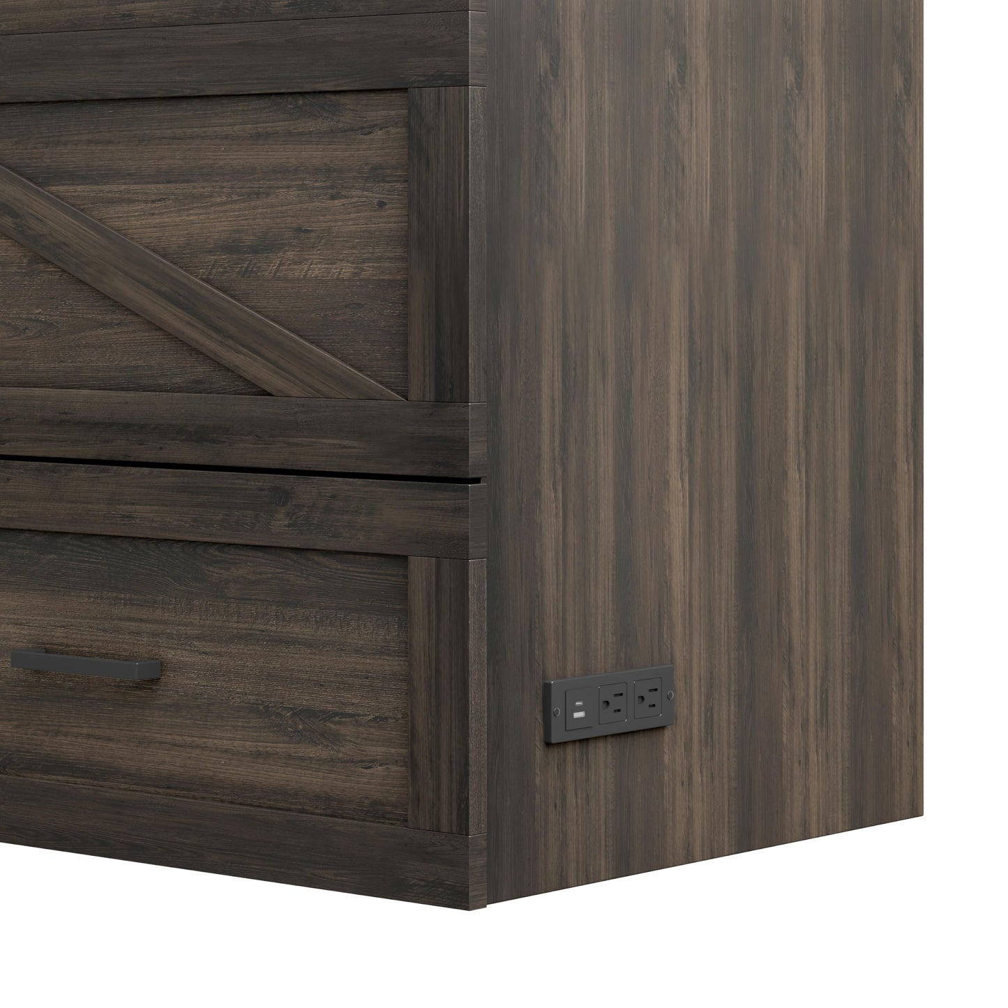 Ball & Cast Murphy Bed Queen,Farmhouse Hideaway Cabinet Bed with Charging Station and Large Storage Drawer,Foldable Wall Murphy Beds w/Slat Support,Space-Saving Furniture for Study,Office,Rustic Gray