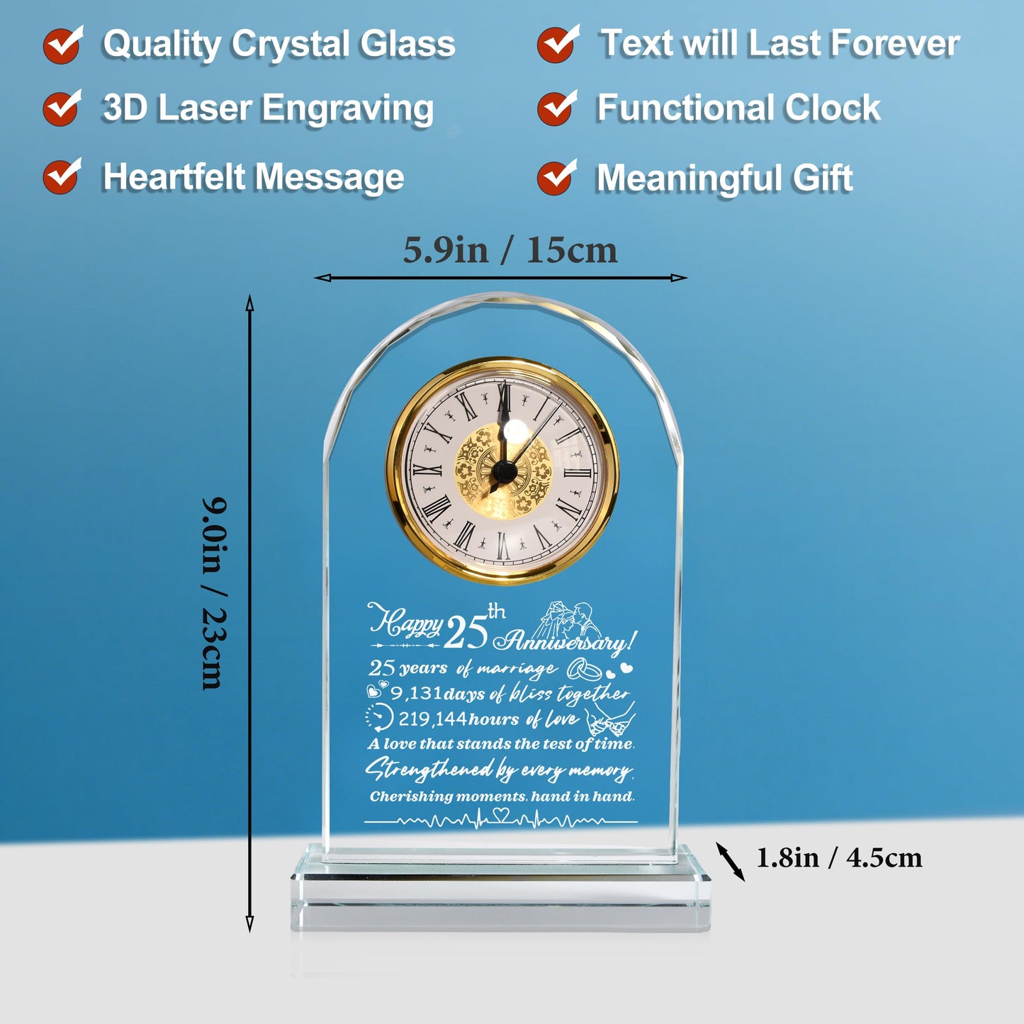 QIANCHANG 25th Wedding Anniversary Crystal Quartz Clock Gifts for Parents, 25 Years Silver for Couple, Happy 25th Anniversary Decoration Gift for Her Him