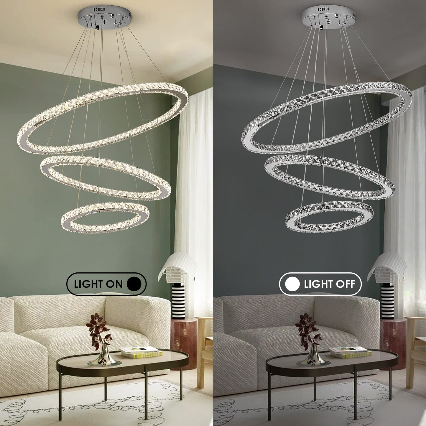 Siljoy LED Chandelier, Modern Ceiling Light Fixture with 3 Crystal Chandelier Lighting Rings, DIY & 3-Color Changing 3 Rings Adjustable Chandeliers for Living Room Dining Room Kitchen, D 12"-20"-28"