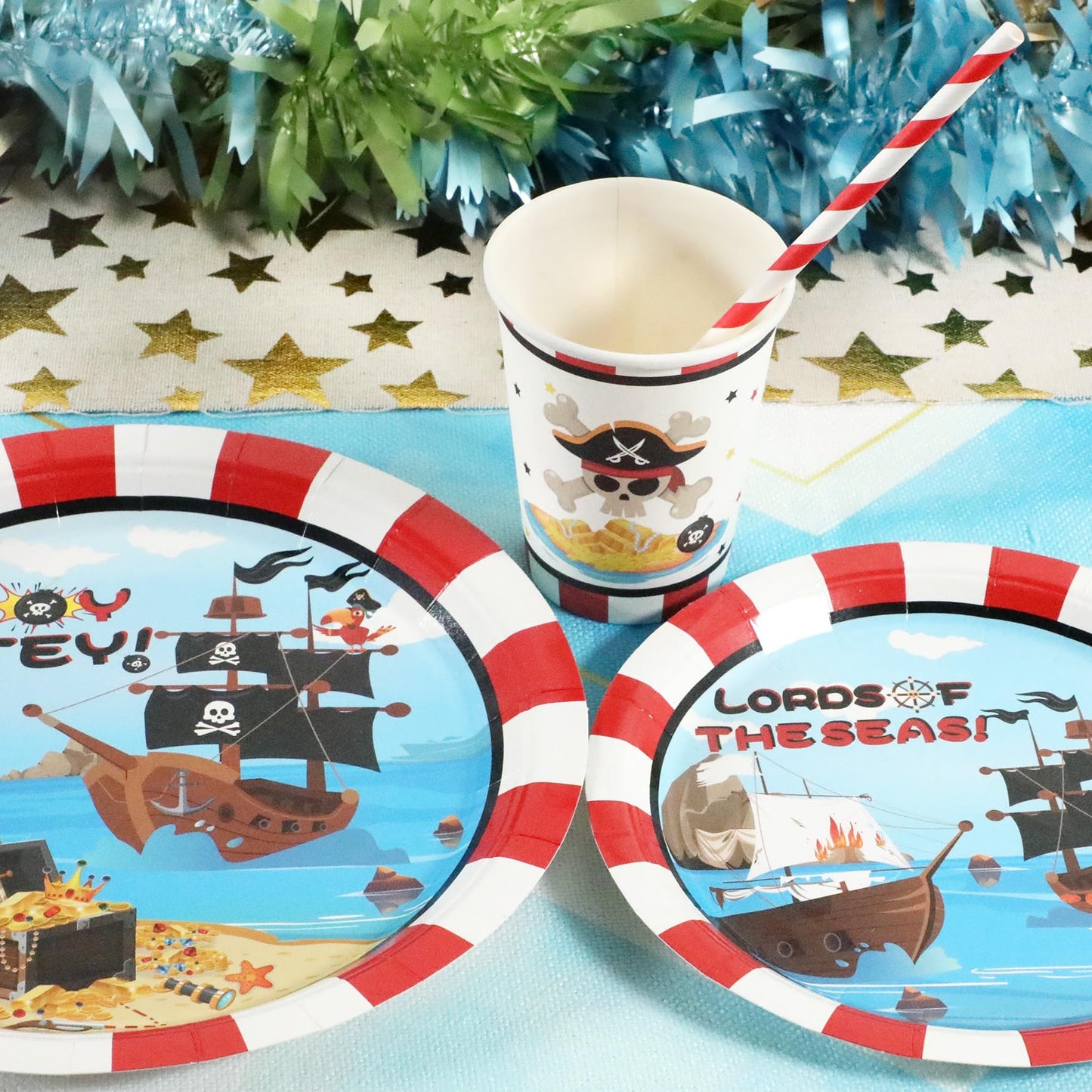 Pirate Birthday Party Supplies Decorations, Pirate Treasure Theme Paper Plates and Napkins Set with Cups and Straws for 24 Guests, 120 Pcs Disposable Party Dessert Dinnerwares