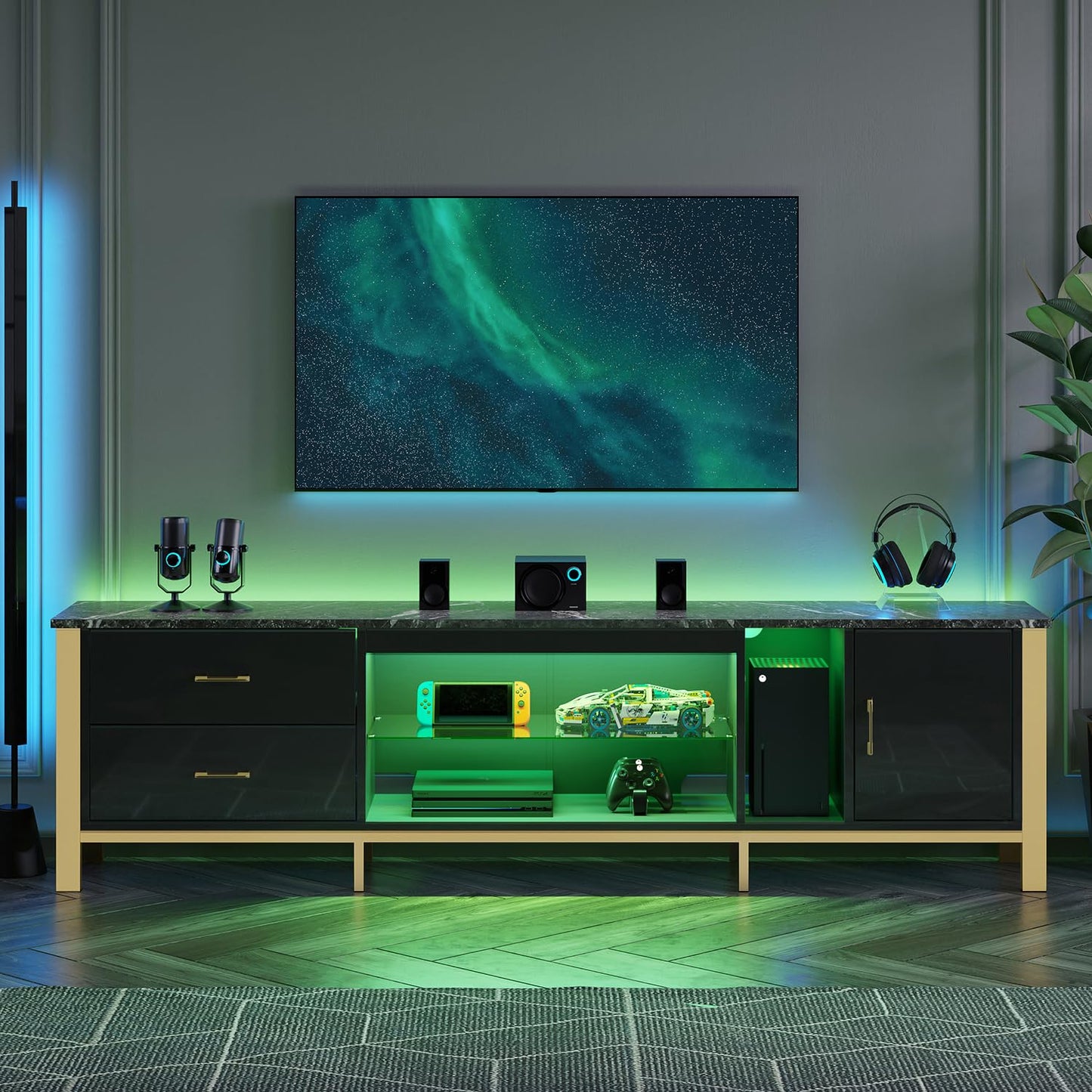Bestier TV Stand for 75/80/85/90 Inch TVs, LED Gaming Entertainment Center, Modern TV Cabinet with Glass Shelves for Living Room, 2 Storage Drawers & Cabinets for Bedroom, Black Glossy