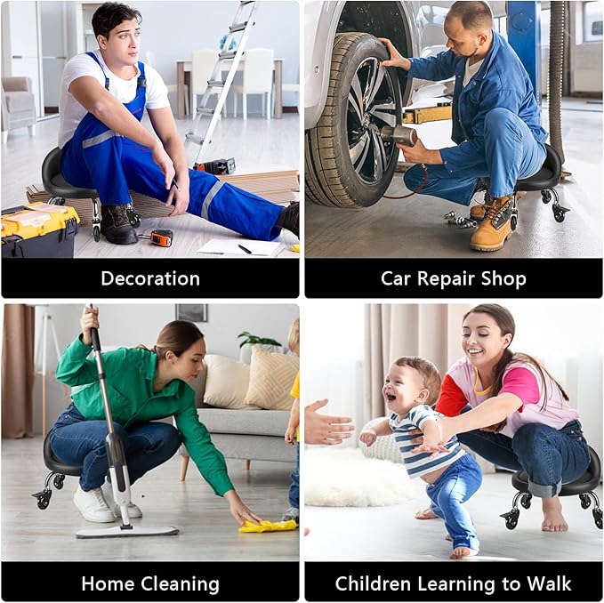 LWADALN Rolling Stool with Backrest Low Height Rolling Stool with PU Leather, Roller Stool Chair, Roller Seats for Home, Office, Garage, Shop, Library (3.2" h Casters)