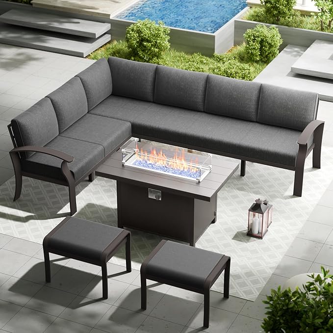 RTDTD Aluminum Outdoor Patio Furniture Set,8 Seats Patio Conversation Sets with 45" Propane Fire Pit Table,Metal Patio Sectional Furniture Set with Ottomans,Grey