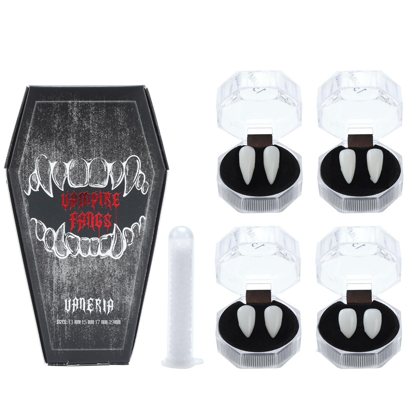 VANERIA 4 Pairs Vampire Fangs,4 Size Fangs For Cosplay Halloween with Tube Solid Adhesive,Vampire Coffin Gift Box Design,Fake Fangs Vegan/Cruelty Free