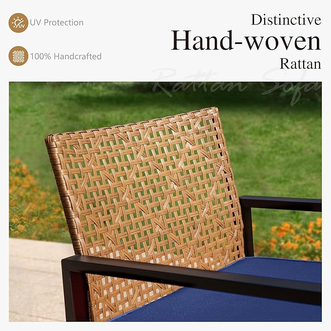 Sophia & William 4 Pieces Patio Conversation Set, Wicker Outdoor Furniture Set for 4, All Weather Outdoor Seating Set, Rattan Loveseat & Chairs with Cushions & Coffee Table，Brown and Navy Blue