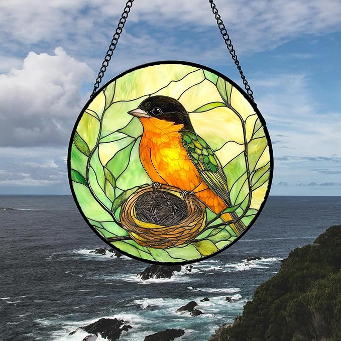 Stained Glass Window Hanging 4 Pcs Set Bird Theme On Branch 6.3" - Cardinal Suncatcher Door Garden Sun Catcher Decor Birthday Christmas for Mom Woman Nana Men