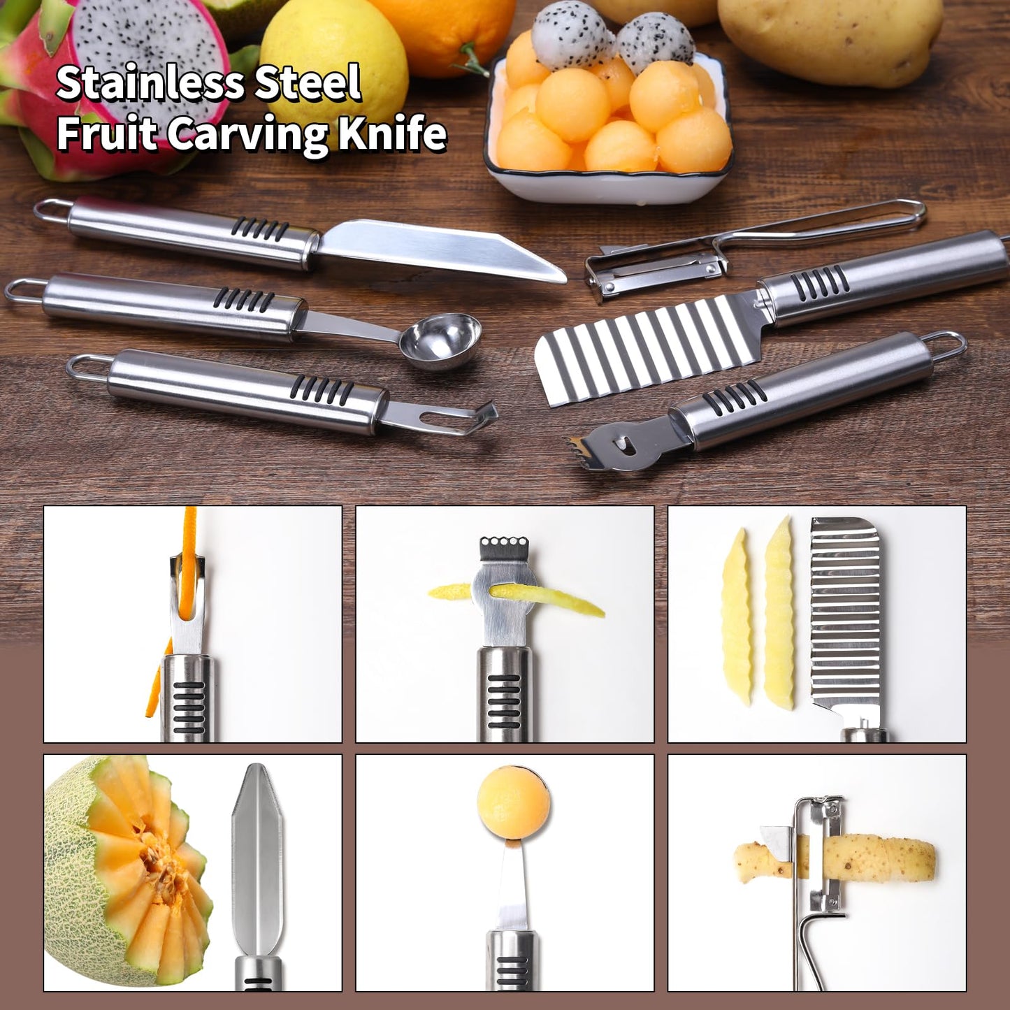 BURLIHOME Stainless Steel Fruit Carving Knife Set, 5 Pack Vegetable Engraving Blades for Kitchen, Melon Baller Scoop,Lemon Zester, Garnish Peeler,Crinkle Knife,V-shape Cutter