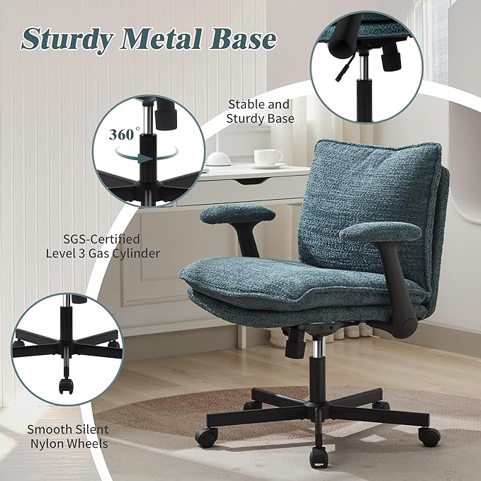 Kassipo Criss Cross Legged Office Chair with Wheels and Flip-Up Arms, Upholstered Criss Cross Desk Chair, Wide Seat Chairs for Home Office, Vanity, Apartment, Green
