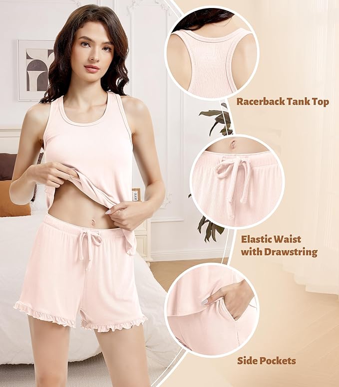NACHILA Pajamas for Women-Viscose from Bamboo, Ribbed Racerback Tank Top Sexy Split Shorts Pajama Sets Cooling Sleep Cami Pjs