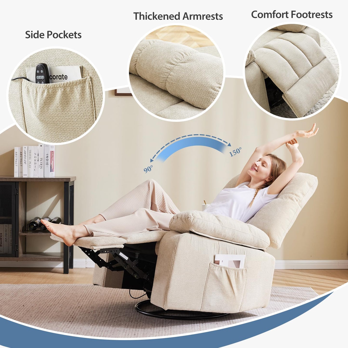 DUMOS Rocker Recliner Chair, Swivel Recliner with Vibration Massage & Lumbar Heating, 270° Rotating Chenille Fabric Recliner with footrest for Living Room & Bedroom, Beige