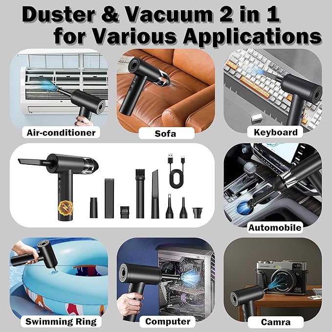 Electric Air Duster Rechargeable 2-in-1 91,000 Super Power Air Blower Cordless with Car Vacuum and LED Light, 7500mAh Battery Electric Duster for PC, Keyboard, House, Car Cleaning - Black
